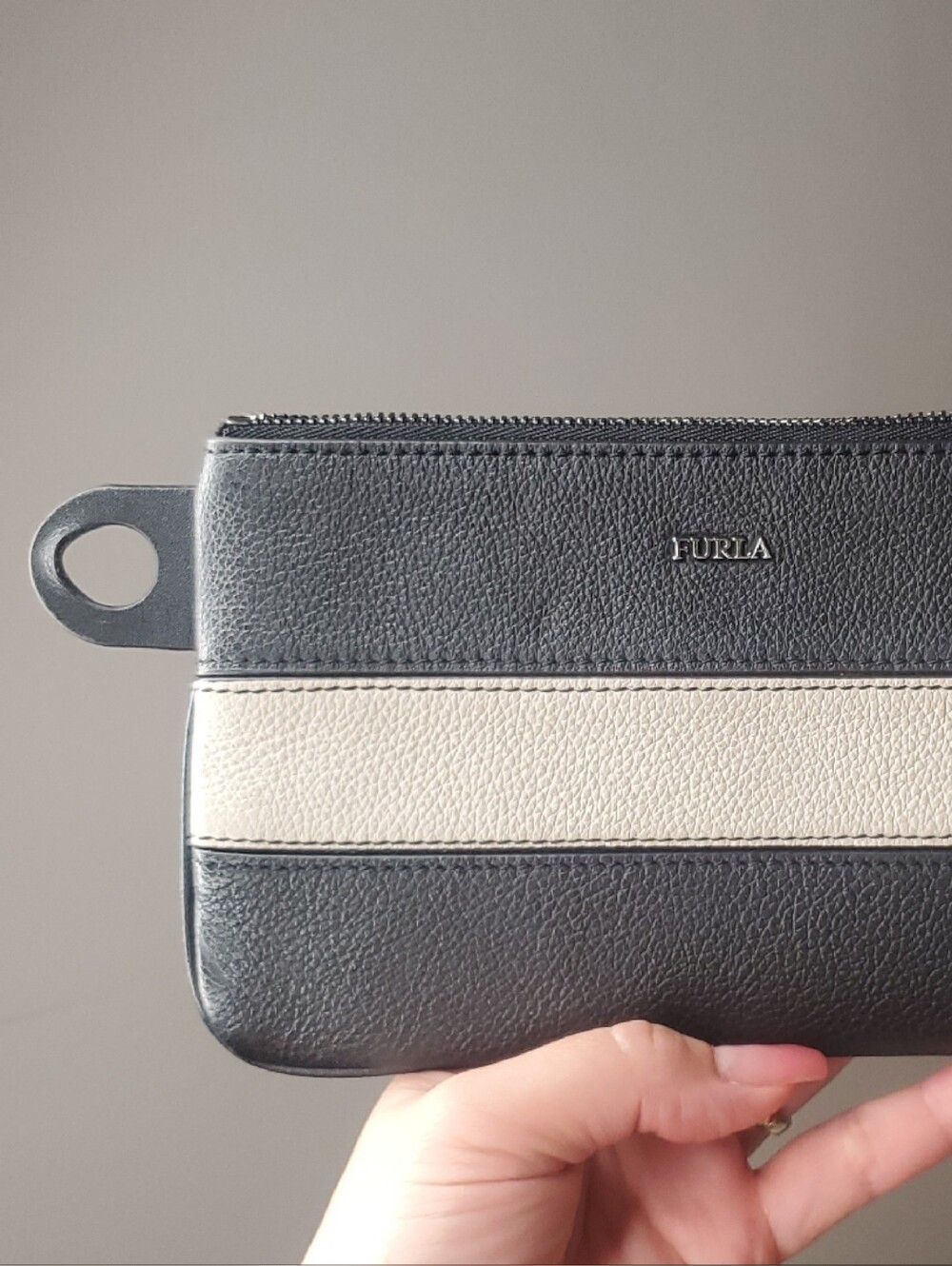 Furla Black and Cream Pebbled Leather Zip Pouch